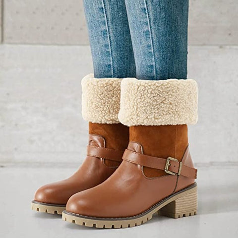 Vale - Damen Halbwadenstiefel zum Anziehen mit dickem Absatz, Schnalle und weichem Futter