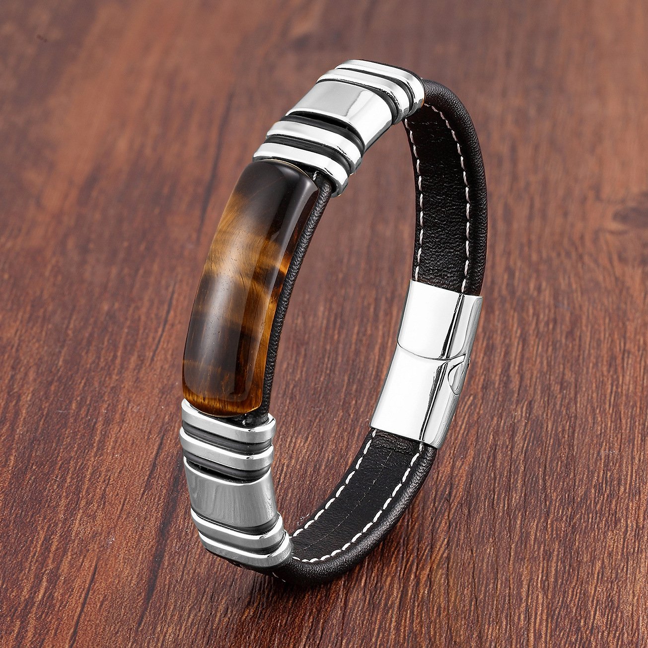 Lederarmband für Herren mit magnetischem Design aus Edelstahl - Vulcan
