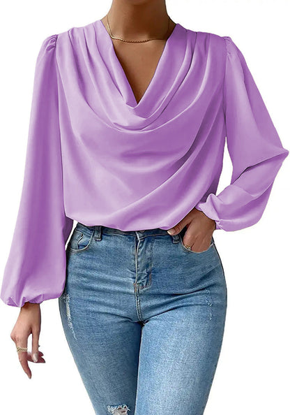 Lea - Elegante Damenbluse aus Chiffon mit Wasserfallkragen und langen Ärmeln