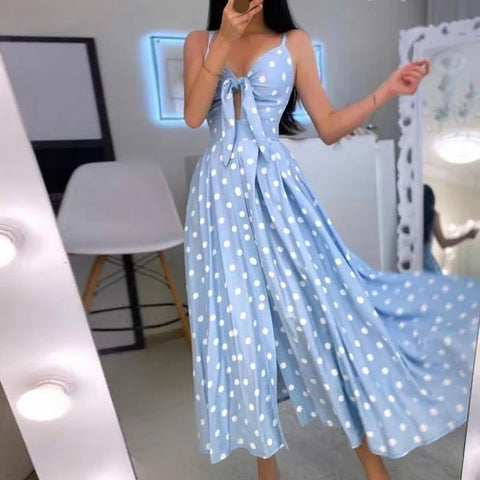 Langes Kleid mit V-Ausschnitt, Schleife und Tupfen - Olivia
