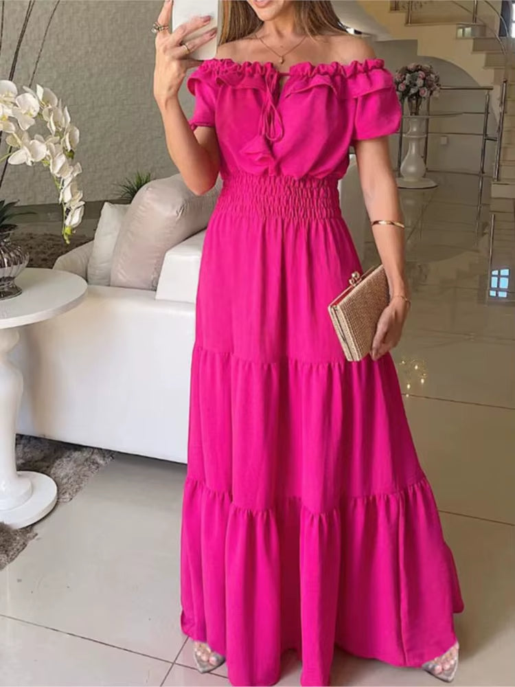 Schulterfreies langes Kleid mit fuchsiafarbenen Rüschen - Malena