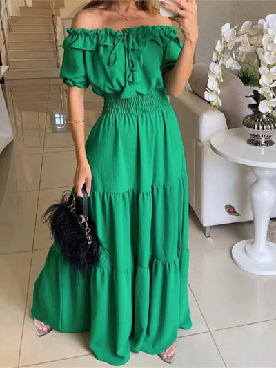 Schulterfreies langes Kleid mit fuchsiafarbenen Rüschen - Malena