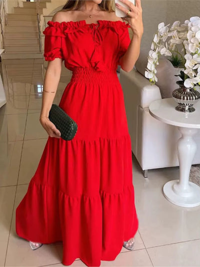 Schulterfreies langes Kleid mit fuchsiafarbenen Rüschen - Malena