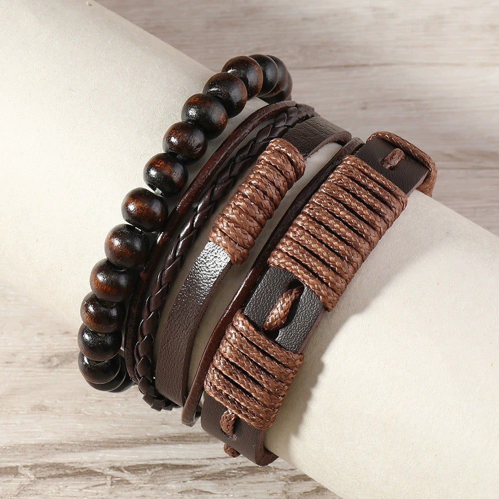 Herrenarmband gewachstes Seil und Leder Tribal Design 3 Stück - Terrakai