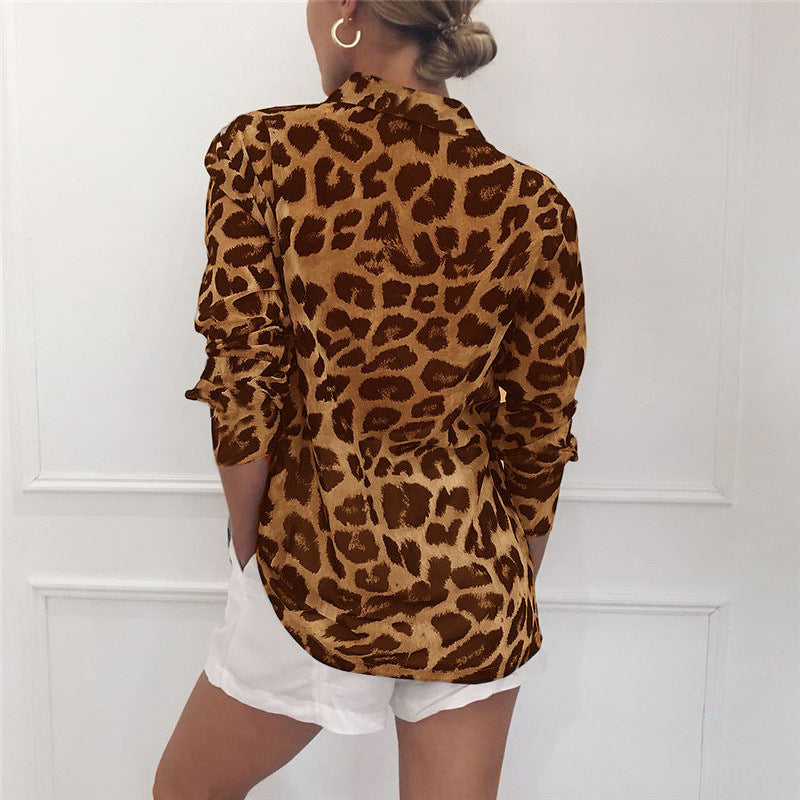 Kassie - Classy Langarm Leopard Print Bluse Turn Down Kragen