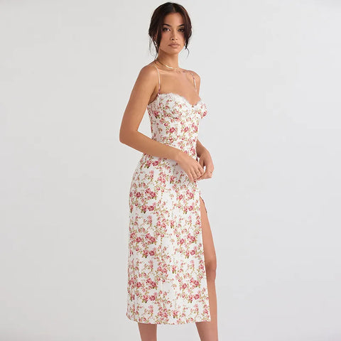 Eloise - Geblümtes Midi-Sonnenkleid mit Rosenknospe