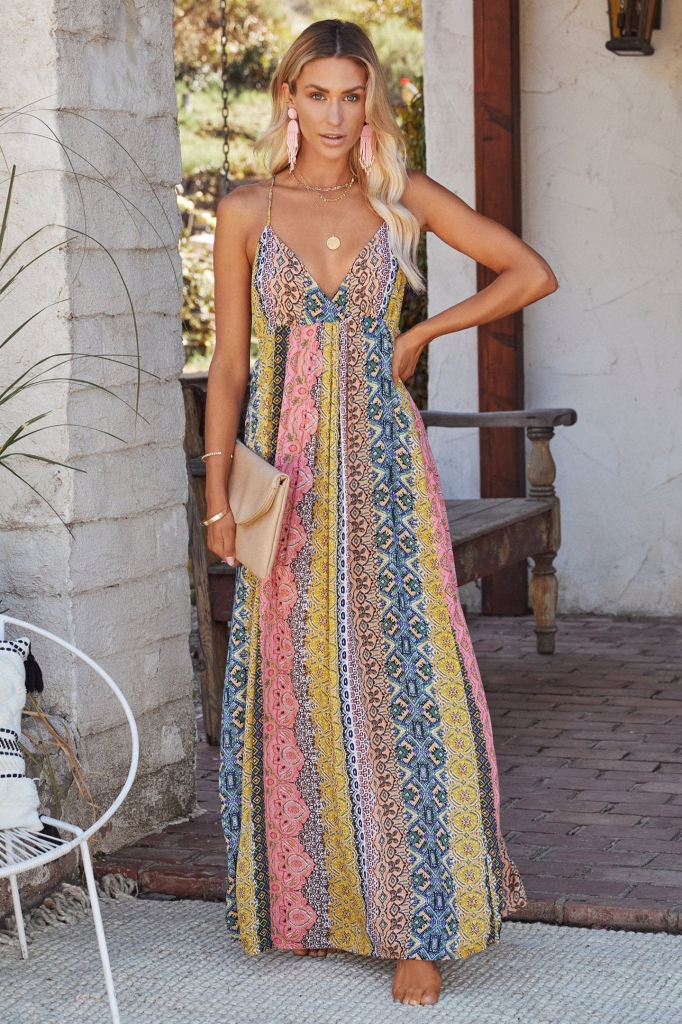 Lorena - Rückenfreies Maxi-Sommerkleid mit Freda-Print und Streifen