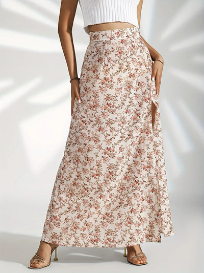 Langer Damenrock mit Blumenmuster und Seitenschlitz - Hellblau