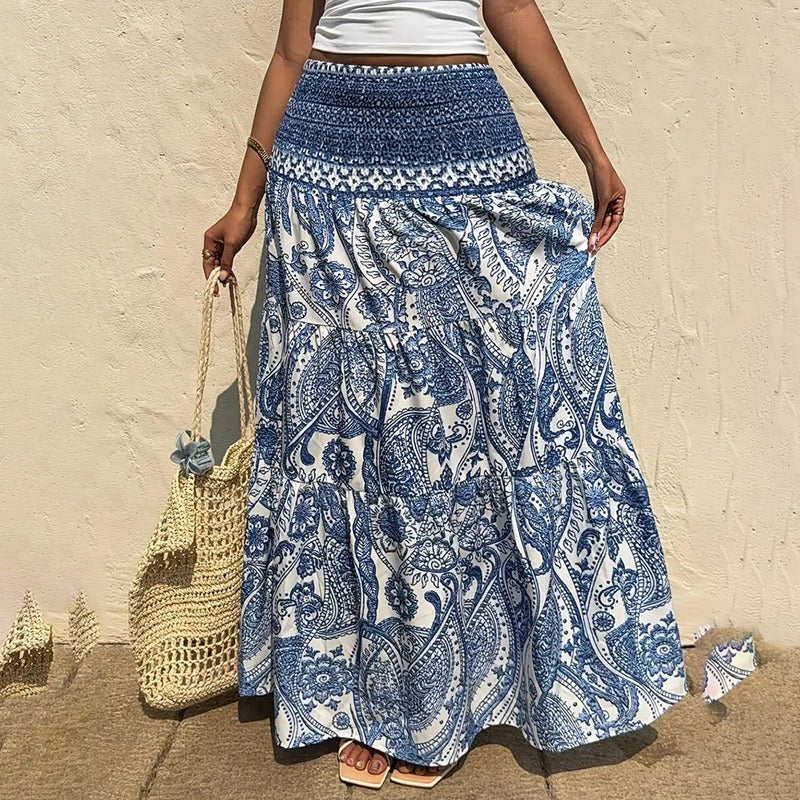Langer Damenrock mit Gummizug in der Taille, Bohème-Druck - Éloise