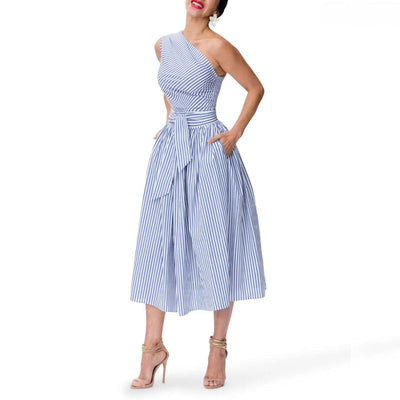 Fein gestreiftes Damen-Midikleid mit asymmetrischem Ausschnitt - Berenice