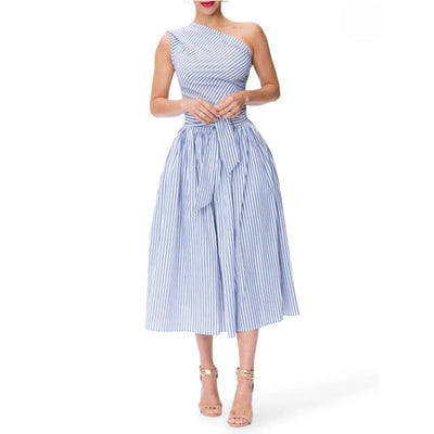 Fein gestreiftes Damen-Midikleid mit asymmetrischem Ausschnitt - Berenice