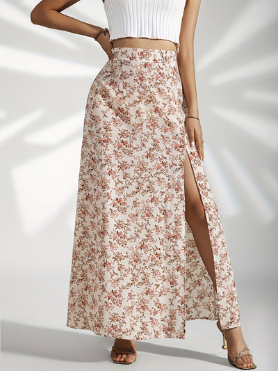 Langer Damenrock mit Blumenmuster und Seitenschlitz - Hellblau