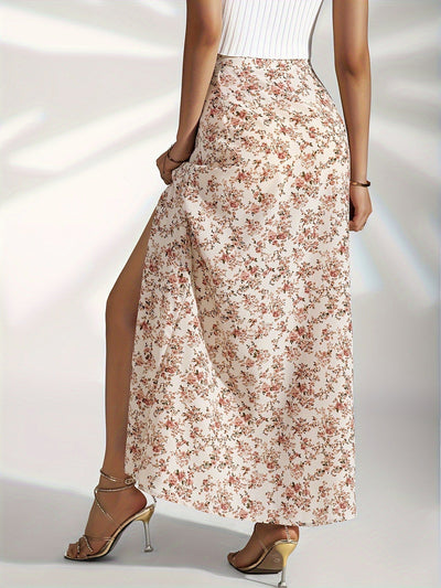 Langer Damenrock mit Blumenmuster und Seitenschlitz - Hellblau