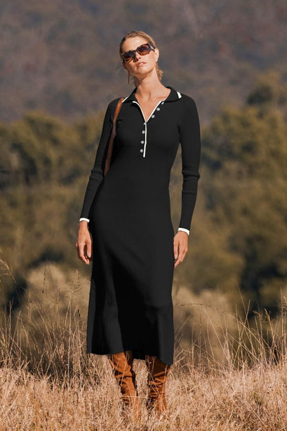 Lauren Midi-Strickkleid mit Knopfleiste und Kragen