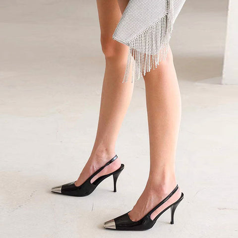 Lola - Moderne Metall Quadratische Zehe Lack Slingback High Heel Pumps