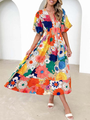 Kara - Elegantes Maxikleid mit Puffärmeln und Blumenmuster in A-Linie
