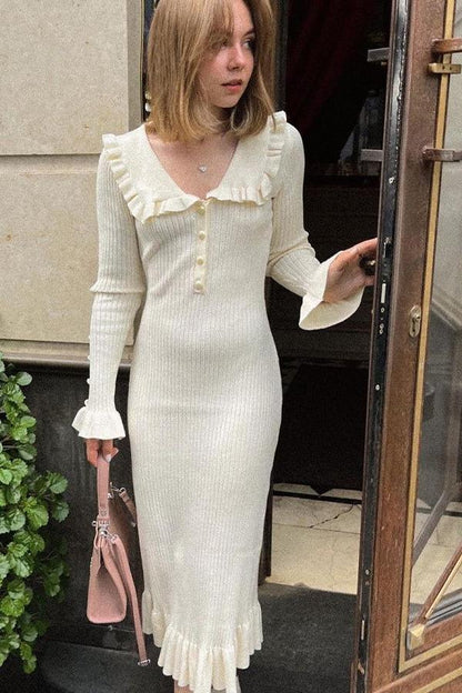 Cecilia Rüschen-Perlen-Midi-Strickkleid